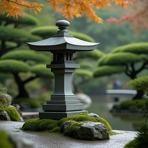 A tranquil Japanese garden with a stone lantern, reminiscent of the Heian period.